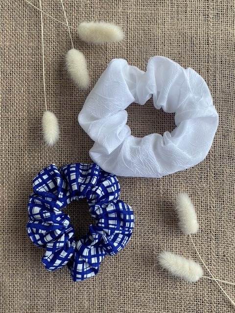 Duo de chouchous blanc et bleu, coton polyester