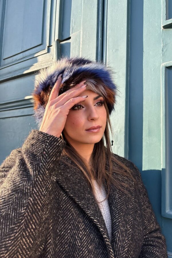 Bandeau Fausse Fourrure Luxe Bleu, Marron et Blanc